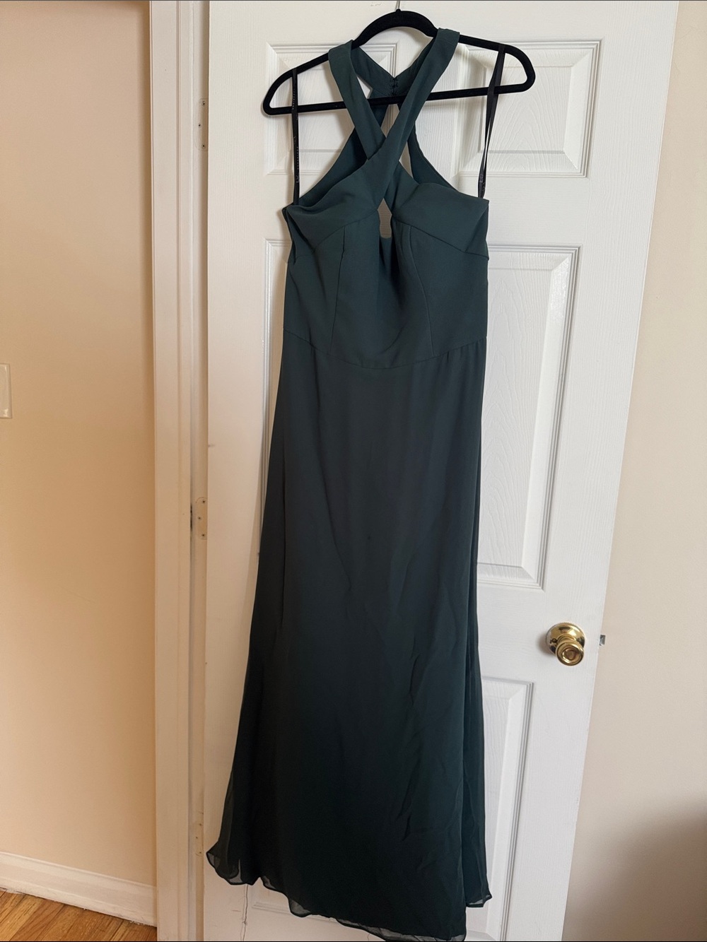 Hayley Paige Occasions Dark Green Cross-Back Halter Gown
